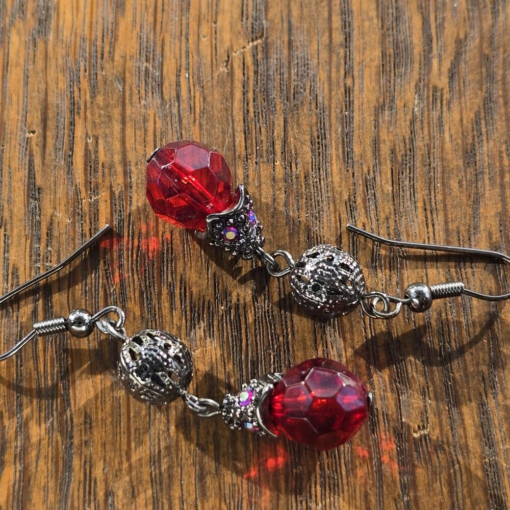 Dangle & Sparkle "Ruby" red crystal earrings, dark silvertone metal